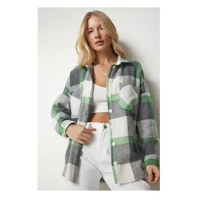 Happiness İstanbul Women's Gray Green Patterned Oversize Cashmere Lumberjack Shirt