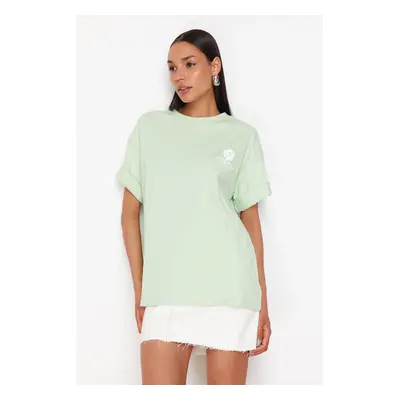 Trendyol Mint Back Printed Oversize/Wide Fit Crew Neck Knitted T-Shirt