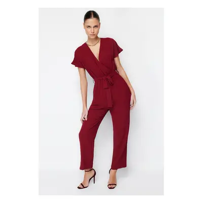 Trendyol Claret Red Lacing Detailed Double Breasted Collar Pipe Leg Woven Jumpsuit