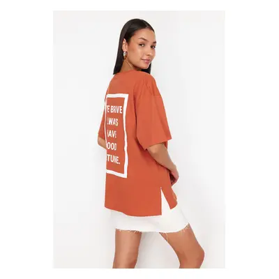 Trendyol Cinnamon Slogan Printed Oversize/Wide Pattern Knitted T-Shirt