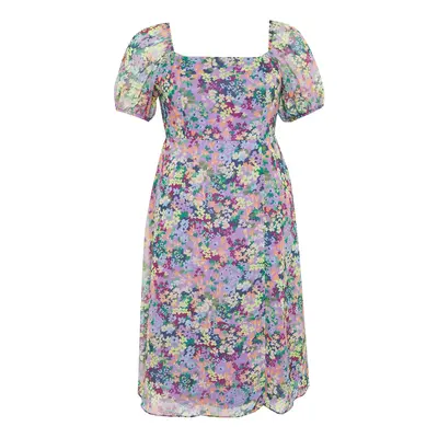 Trendyol Curve Pink Lined Chiffon Floral Square Neck Balloon Sleeve Woven Plus Size Dress