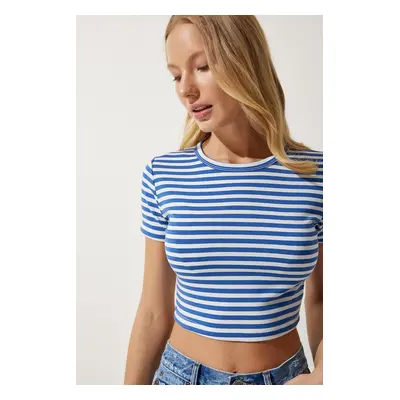 Happiness İstanbul Women's Blue Striped Crop Knitted T-Shirt