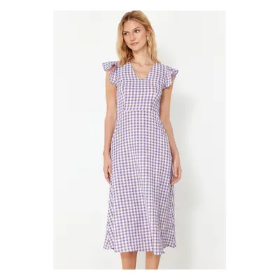 Trendyol Lilac Checked A-Line Gipe Detailed Midi Woven Dress