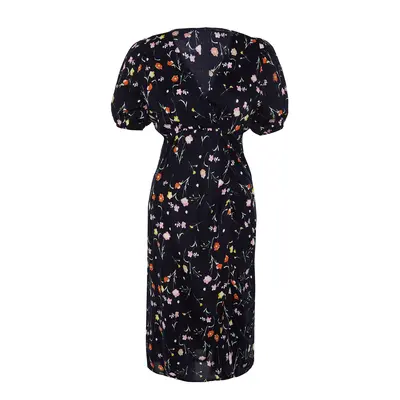 Trendyol Curve Navy Blue Floral Knitted Dress With Double Breasted Collar