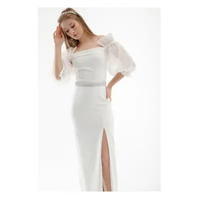 Lafaba Women's White Balloon Sleeve and Stone Belted Long Evening Dress