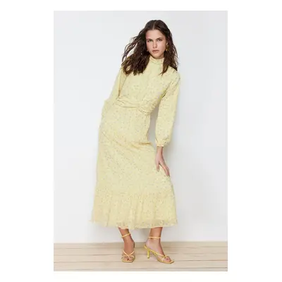 Trendyol Yellow Floral High Neck Waist Detailed Lined Chiffon Woven Dress