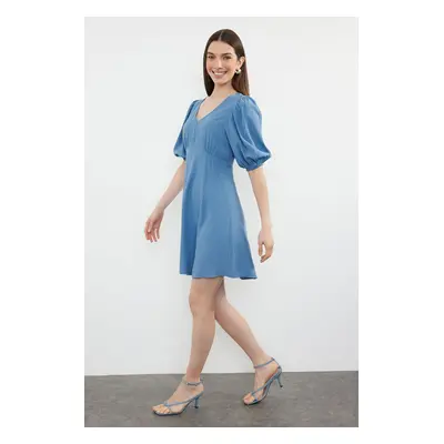 Trendyol Indigo Skirt Flounced Balloon Sleeve Mini Woven Dress