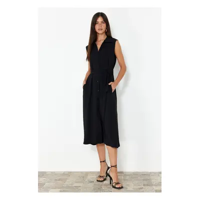 Trendyol Black Belted Plain Midi Belted Black Sleeveless Shirt Woven Dress