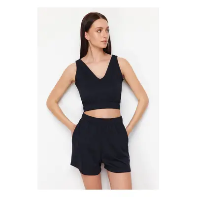 Trendyol Navy Blue V Neck Elastic Crop Knitted Blouse Shorts Bottom-Top Set