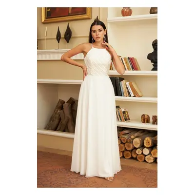 Carmen Ecru Chiffon Long Wedding Dress with Sequins