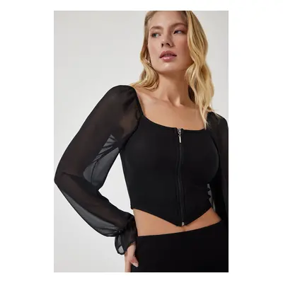 Happiness İstanbul Women's Black Chiffon Honey Sleeve Zippered Crop Blouse