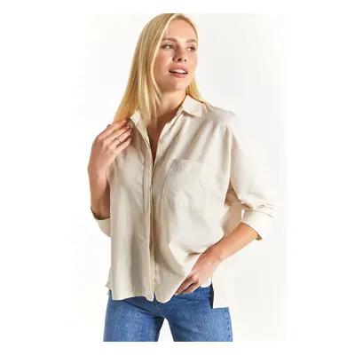 armonika Women's Light Beige Loose Linen Shirt with Pockets