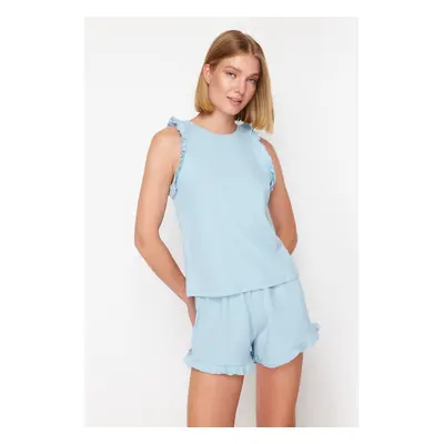 Trendyol Blue 100% Cotton Ruffle Detailed Knitted Pajama Set