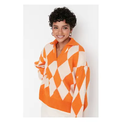 Trendyol Orange Wide Pattern Soft Textured Patterned/Jacquard Knitwear Sweater