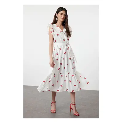 Trendyol Multicolored Floral Cherry Belted A-Line Double Breasted Collar Woven Dress