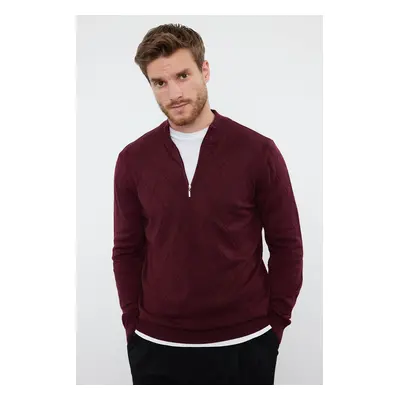 Trendyol Claret Red Slim Fit Half Turtleneck Zipper Collar Cotton Smart Knitwear Sweater