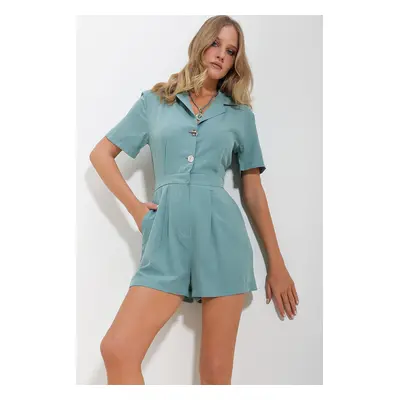 Trend Alaçatı Stili Women's Mint Shirt Collar Double Pocketed Shorts Jumpsuit