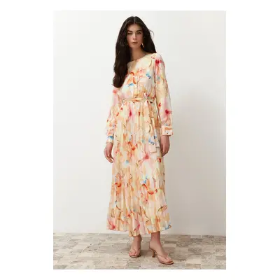 Trendyol Multi Color Floral Sash Detailed Lined Pleated Chiffon Woven Dress