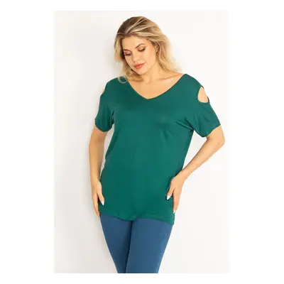 Şans Women's Plus Size Green Decollete Decollete Viscose Blouse