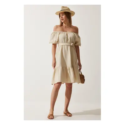 Happiness İstanbul Women's Cream Carmen Collar Belted Summer Muslin Dress