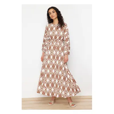 Trendyol Cinnamon Patterned Belt Detailed Crinkle Woven Dress