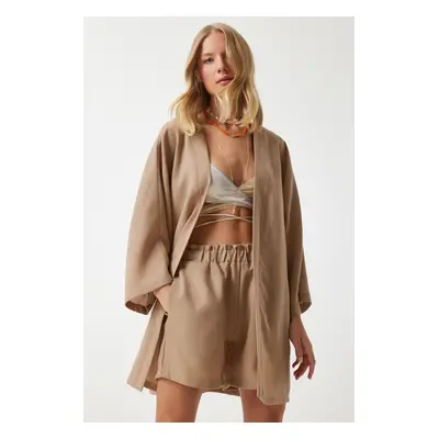 Happiness İstanbul Women's Camel Summer Ayrobin Kimono Shorts Set