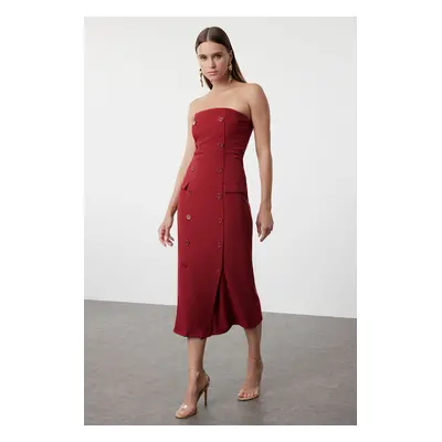 Trendyol Red Straight Cut Button Detail Strapless Midi Woven Dress