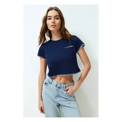 Trendyol Dark Navy Blue 100% Cotton Stitching Detailed Regular/Normal Pattern Crop Knitted T-Shi