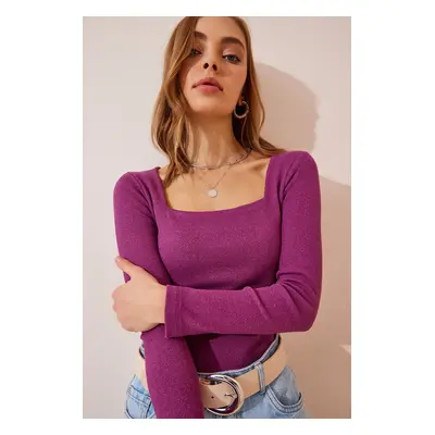 Happiness İstanbul Women's Light Plum Square Neck Corded Knitted Blouse