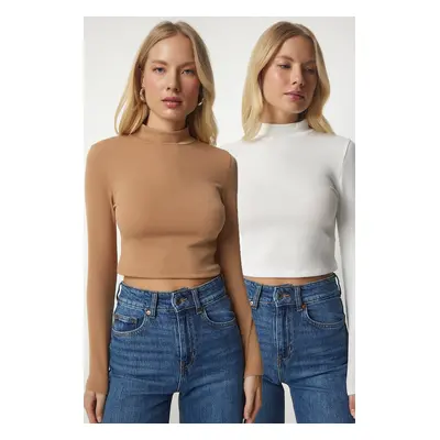 Happiness İstanbul Women's White Biscuit Stand-Up Collar Ribbed Camisole 2-Pack Crop Top