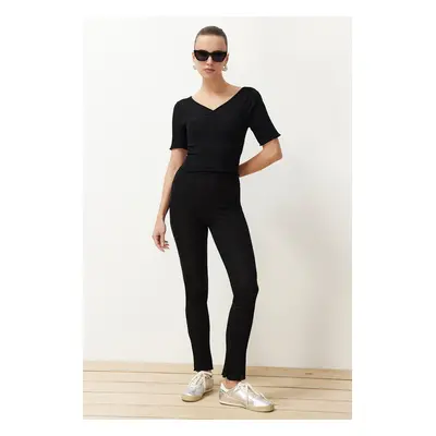 Trendyol Black V-Neck Gather Detailed Ribbed Stretchy Knitted Blouse and Trousers Bottom-Top Set