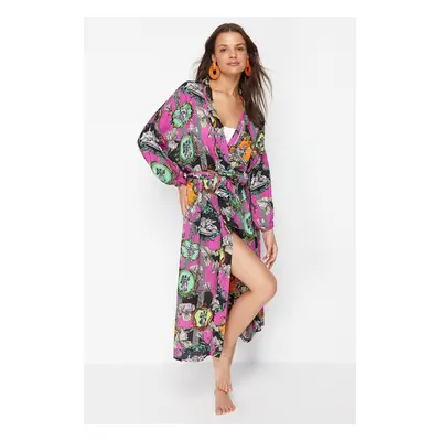 Trendyol Abstract Patterned Belted Maxi Woven 100% Cotton Kimono&Kaftan