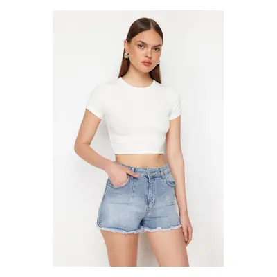 Trendyol Blue Stitch Detail High Waist Denim Shorts