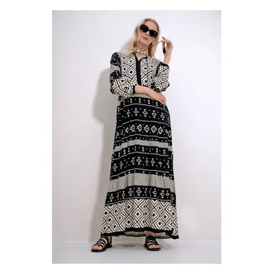 Trend Alaçatı Stili Women's Ecru-Black Collar Tassel Detailed Layered Flounced Ethnic Patterned 