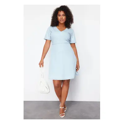 Trendyol Curve Light Blue V-Neck Tencel Mini Denim Dress