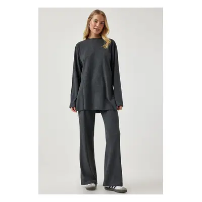 Happiness İstanbul Women's Anthracite Ribbed Knitted Blouse Pants Suit