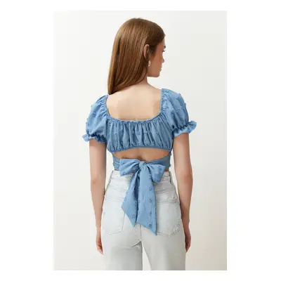 Trendyol Blue Crop Sleeve Detailed Woven Blouse