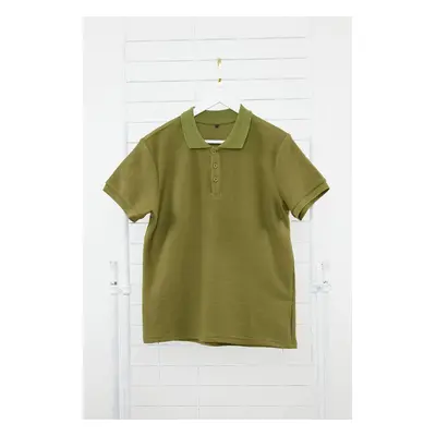 Trendyol Khaki Regular/Normal Cut Short Sleeve Textured Buttoned Polo Neck T-shirt