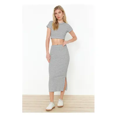 Trendyol White Striped Elastic Knitted Blouse Skirt Top-Bottom Set