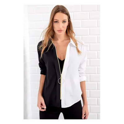 Trend Alaçatı Stili Women's Black and White Zippered Color Block Woven Shirt