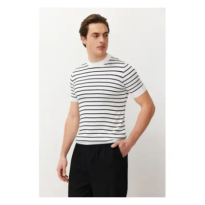 Trendyol White Slim-Tight Fit Cotton Crew Neck Striped Knitwear T-Shirt