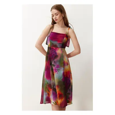 Trendyol Multicolored Floral Slit Back Gipe Detail Chiffon Lined Midi Woven Dress