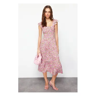 Trendyol Lilac Floral Print Square Collar A-line Viscose Midi Woven Dress