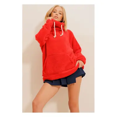 Trend Alaçatı Stili Women's Red High Neck Kangaroo Pocket Plush Sweatshirt