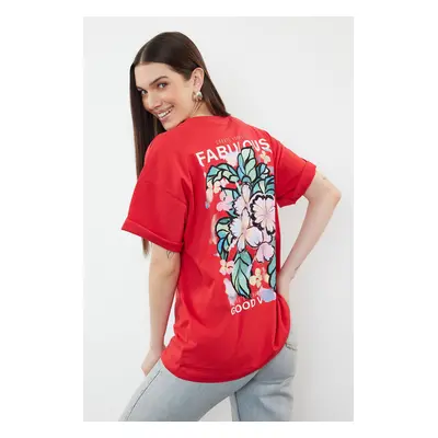 Trendyol Red 100% Cotton Back and Front Printed Oversize/Wide Cut Knitted T-Shirt