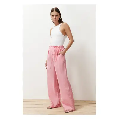 Trendyol Pink Modal Content Thin Belt Pleated Wide Cut Wide Leg Woven Trousers