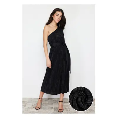 Trendyol Black Belted Midi Single Sleeve Flexible Knitted Midi Pencil Dress