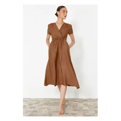 Trendyol Brown V-neck Midi Woven Dress with Opened Waist