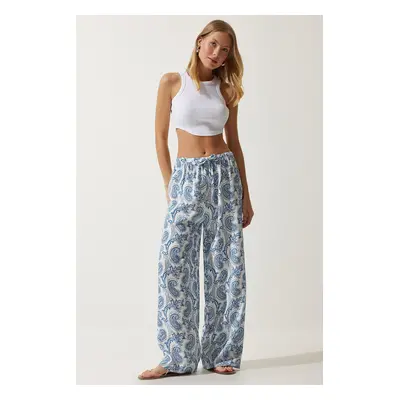 Happiness İstanbul Women's White Light Blue Patterned Raw Linen Palazzo Trousers