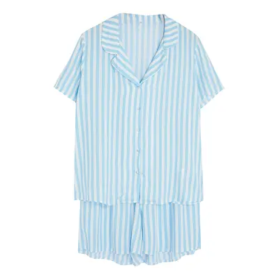 Trendyol Curve Blue Shirt Collar Striped Woven Pajama Set